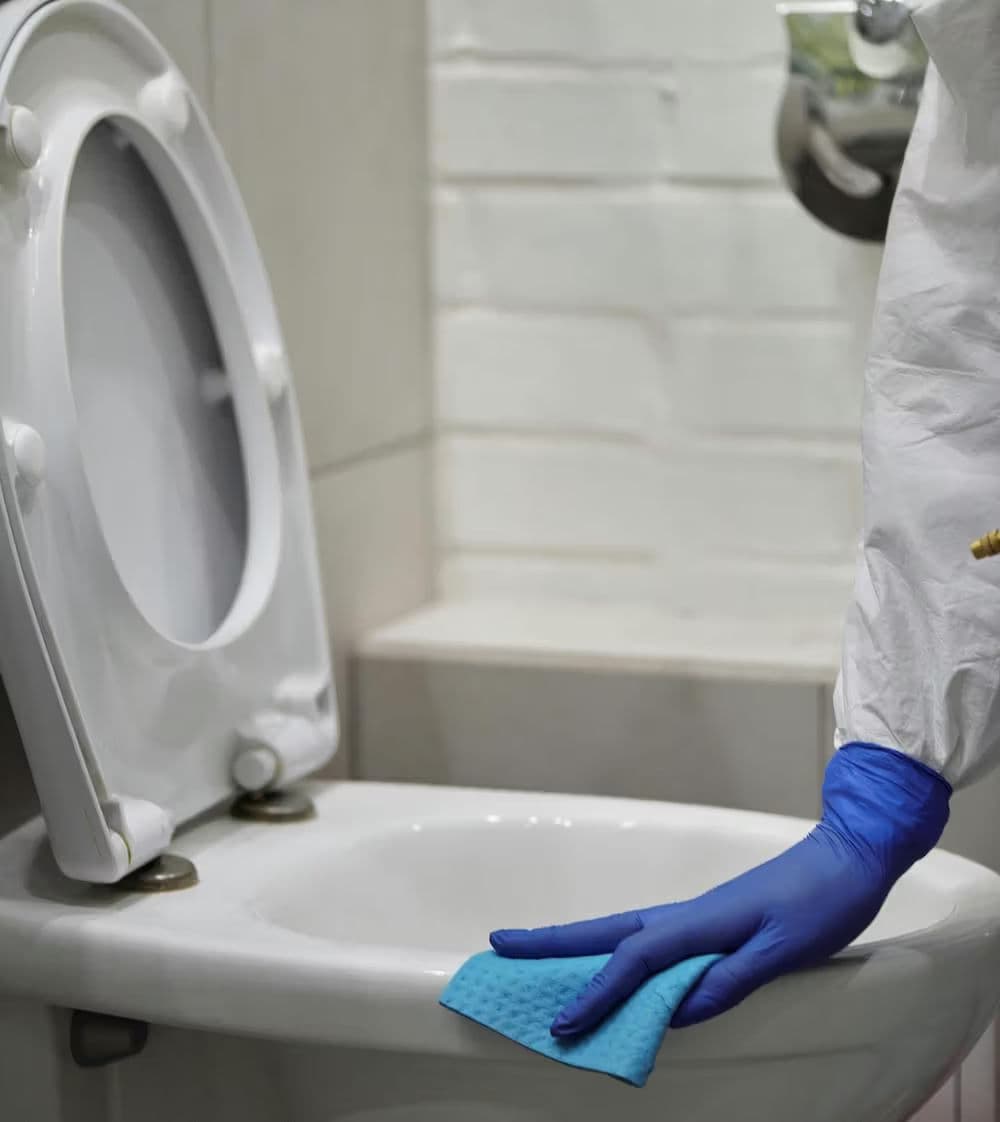 Person in blue gloves cleaning a toilet with a microfiber cloth in a bathroom.